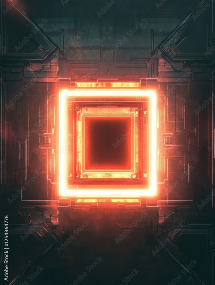 Poster Microchip design features glowing rectangular frames with intricate circuitry patterns in a futuristic environment. Generative AI