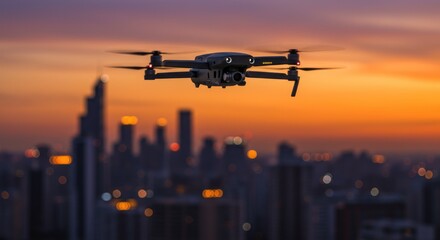 Drone flying over cityscape at sunset