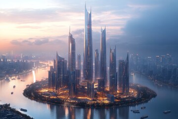 Obraz premium Modern skyscraper cityscape surrounded by a foggy atmosphere