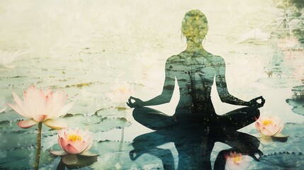 double exposure A serene silhouette meditating amidst tranquil water lilies, embodying peace and mindfulness.