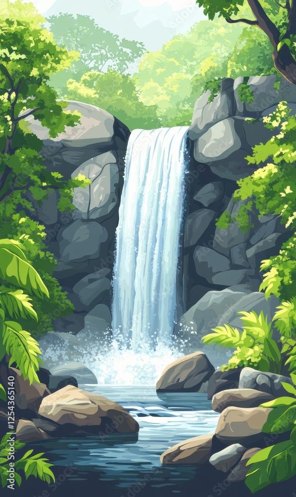 Poster waterfall cascading down rocky cliff in a lush green forest during daylight hours. generative ai