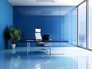 Modern Office Interior with Blue Walls, Desk, and City View