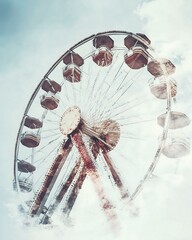 double exposure A serene view of a ferris wheel surrounded by soft clouds.