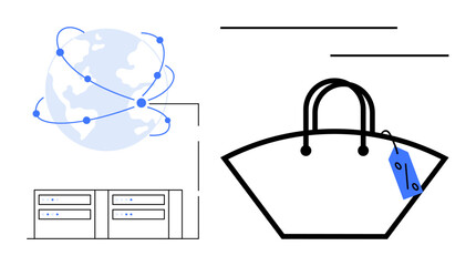 Globe connected by nodes, servers linked below, large shopping bag with price tag on handle beside. Ideal for e-commerce, global trade, online shopping, digital economy, connectivity, retail market