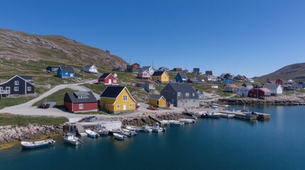 Colorful Coastal Village with Vibrant Houses and Boats on a Clear Day in a Picturesque Scandinavian Landscape