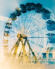 double exposure A vibrant ferris wheel against a dreamy sky, capturing joy and excitement.