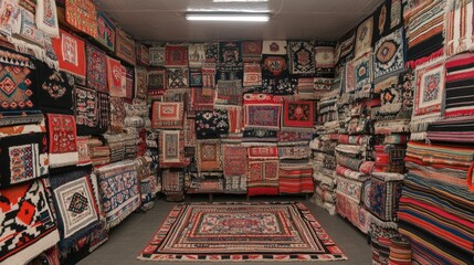 Fototapeta premium Colorful Display of Traditional Handwoven Rugs in a Carpet Shop Showcasing Intricate Patterns and Vibrant Textiles