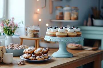 Naklejka premium Festive kitchen table adorned with fresh cookies and decorated cakes for a joyful gathering. Generative AI