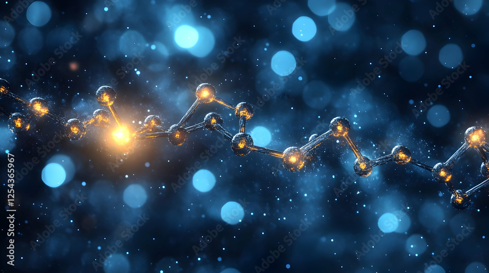 Poster abstract representation of molecular structure with glowing elements and bokeh effect