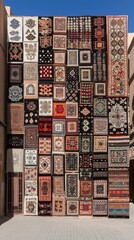 Obraz premium Colorful Display of Traditional Persian Rugs Hanging on a Wall in a Vibrant Outdoor Market Setting