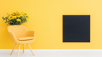 Bright yellow interior with a modern chair and a vibrant flower arrangement against a wall