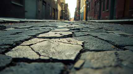 Worn and Cracked Street Ground in a City Alleyway Photographed from a Low Perspective