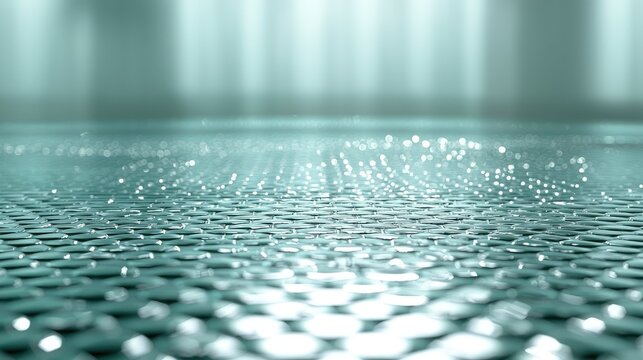 Close-up of a textured metallic surface with reflections and soft lighting in a serene environment