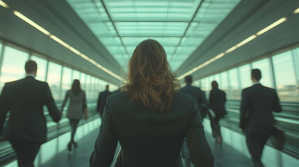 Obraz premium Businesspeople walking modern hallway, city view