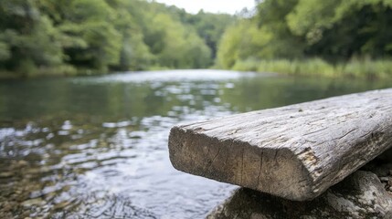 Fototapeta premium Rustic wooden plank by a tranquil river, forest background, serene nature scene, potential use for wallpaper, desktop backgrounds
