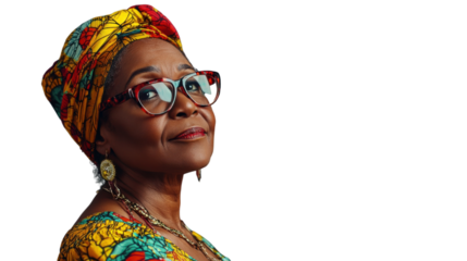 Confident senior african woman wearing traditional clothes and looking up on transparent background