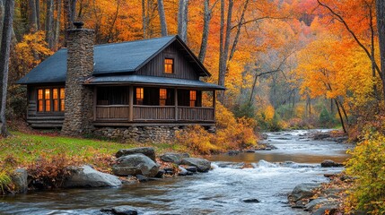 Cozy cabin by a flowing river surrounded by vibrant autumn foliage in a serene natural setting