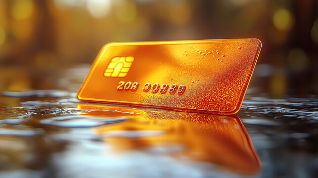 Close-up of a translucent orange credit card on a wet surface reflecting light.