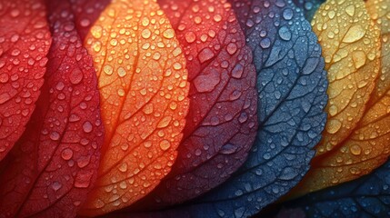 Fototapeta premium Vibrant close-up of colorful leaves with water droplets, showcasing nature's beauty and detail