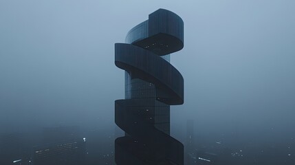 Modern Spiral Staircase Tower in Foggy Urban Landscape with Minimalist Architecture and Moody Atmosphere