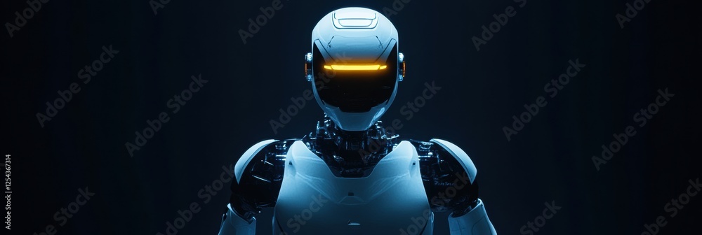 Poster Glowing humanoid robot stands at the center with bright lights in a dark minimalist setting. Generative AI
