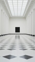 Obraz premium Minimalist Art Gallery Interior with Geometric Floor and Black Square Painting Under Skylight Ceiling