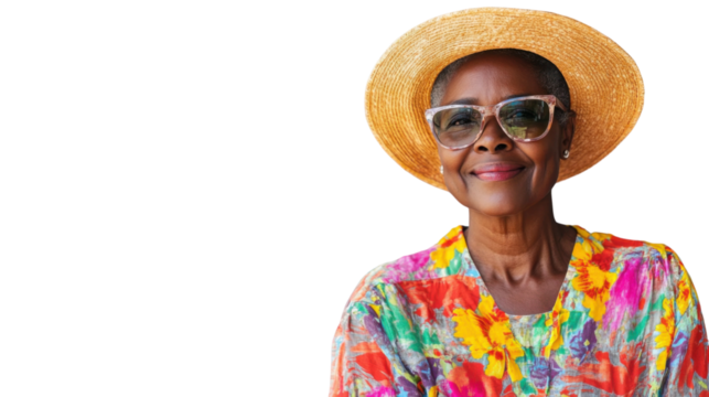 Smiling senior woman wearing sunglasses and summer hat on transparent background