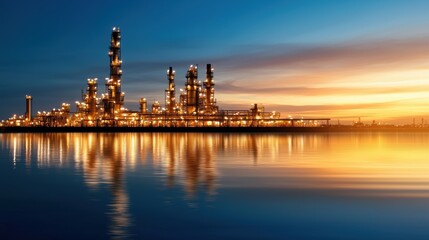 Fototapeta premium A vibrant industrial landscape at sunset, showcasing a refinery with towering structures reflecting on calm waters.