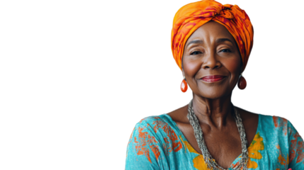 Smiling senior african woman wearing traditional clothes and headscarf on transparent background