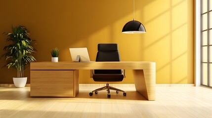 Modern Office Interior with Light Wood Desk and Black Chair