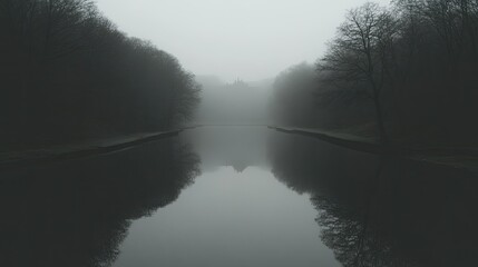 Obraz premium Mysterious Foggy Lake with Bare Trees Reflecting in Calm Water on a Misty Morning in a Serene Forest Landscape