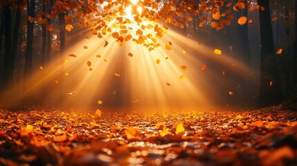 Serene autumn forest with sun rays illuminating fallen leaves and creating a magical atmosphere