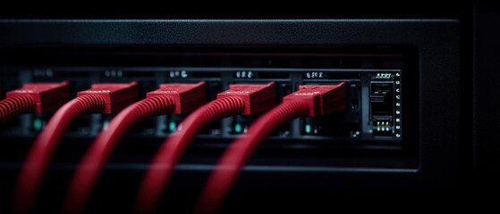 A close-up image of red Ethernet cables connected to a network switch, highlighting the intricate details of networking equipment.