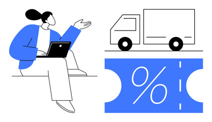 Person working on laptop gesturing towards truck and discount coupon. Ideal for concepts of ecommerce, digital marketing, logistics, delivery services, online purchases, sales promotions, business