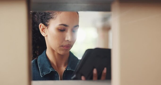 Woman, inspection and box on tablet of small business, inventory management and shipping process. Person, check and digital checklist with package information, supply cain and logistics distribution