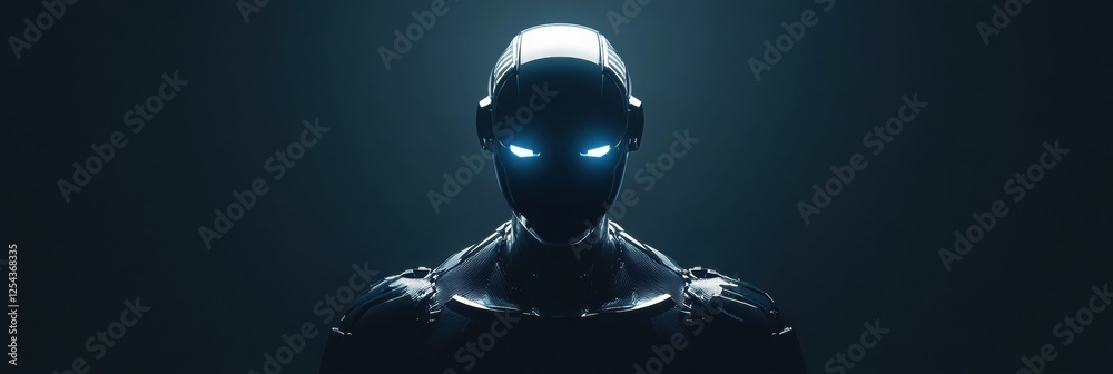 Fototapete Minimalist glowing humanoid robot illuminated against a dark background on a futuristic stage in a modern setting. Generative AI