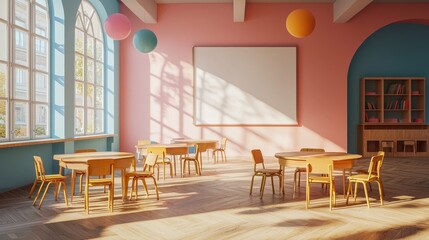 Bright and inviting classroom with colorful walls, empty tables, and natural light streaming through windows