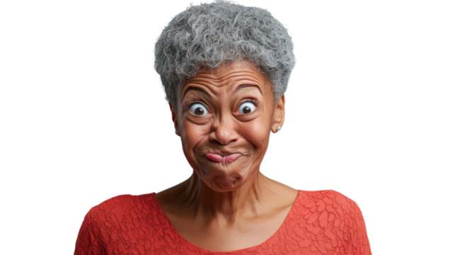 Playful senior woman making funny face on transparent background