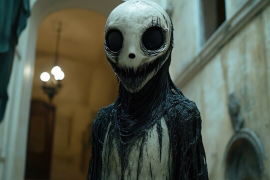 A grotesque figure stands in a dimly lit hallway