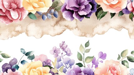 Watercolor Floral Border Design Pastel Roses Purple Flowers Elegant Wedding Invitation Template