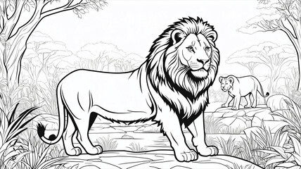 AI generative. Illustration of outline drawing of lion in the zoo, blacks lines on white background. 3