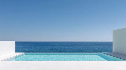 Fototapeta premium Minimalist Infinity Pool Overlooking the Ocean with Clear Blue Sky and Tranquil Horizon in a Modern Coastal Setting