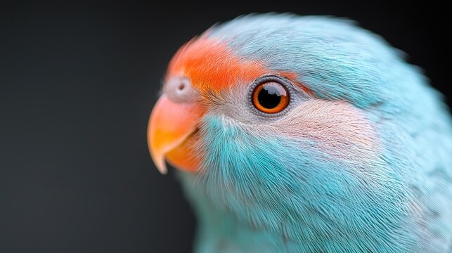Close-up portrait of a vibrant blue parrotlet with an orange forehead and beak against a dark background.