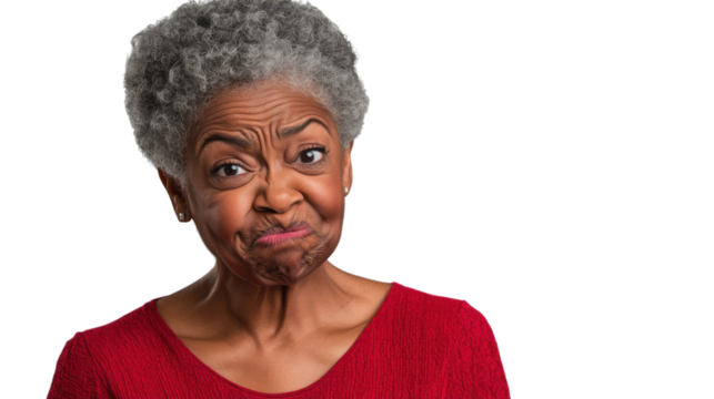 Senior black woman making a funny face on transparent background