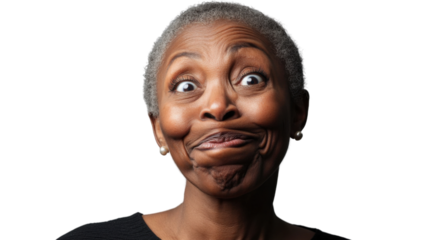 Senior black woman making funny face on transparent background