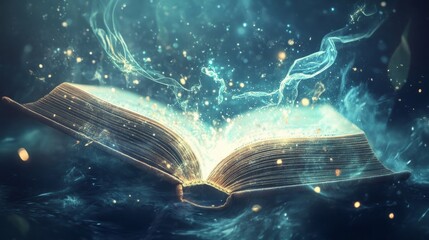 Obraz premium Open Magic Book Symbolizing Harmony of Water and Land in Minimalist Composition,