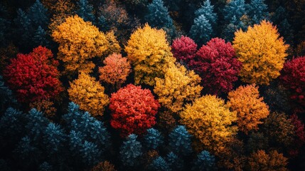 Vibrant autumn forest showcasing colorful foliage with a serene backdrop of green trees