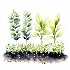 Obraz premium Watercolor Painting of Lush Green Plants Growing in Soil A Botanical Illustration