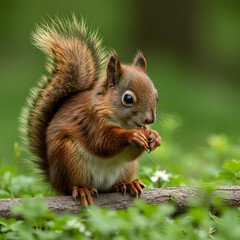 Fototapeta premium Squirrel Eating Nuts on Log in Forest
