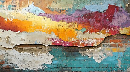 Old brick wall multi-colored surface, showing blend of weathered textures and natural aging. The worn facade creates vintage, rustic aesthetic with deep red, brown, gray tones adding depth contrast.